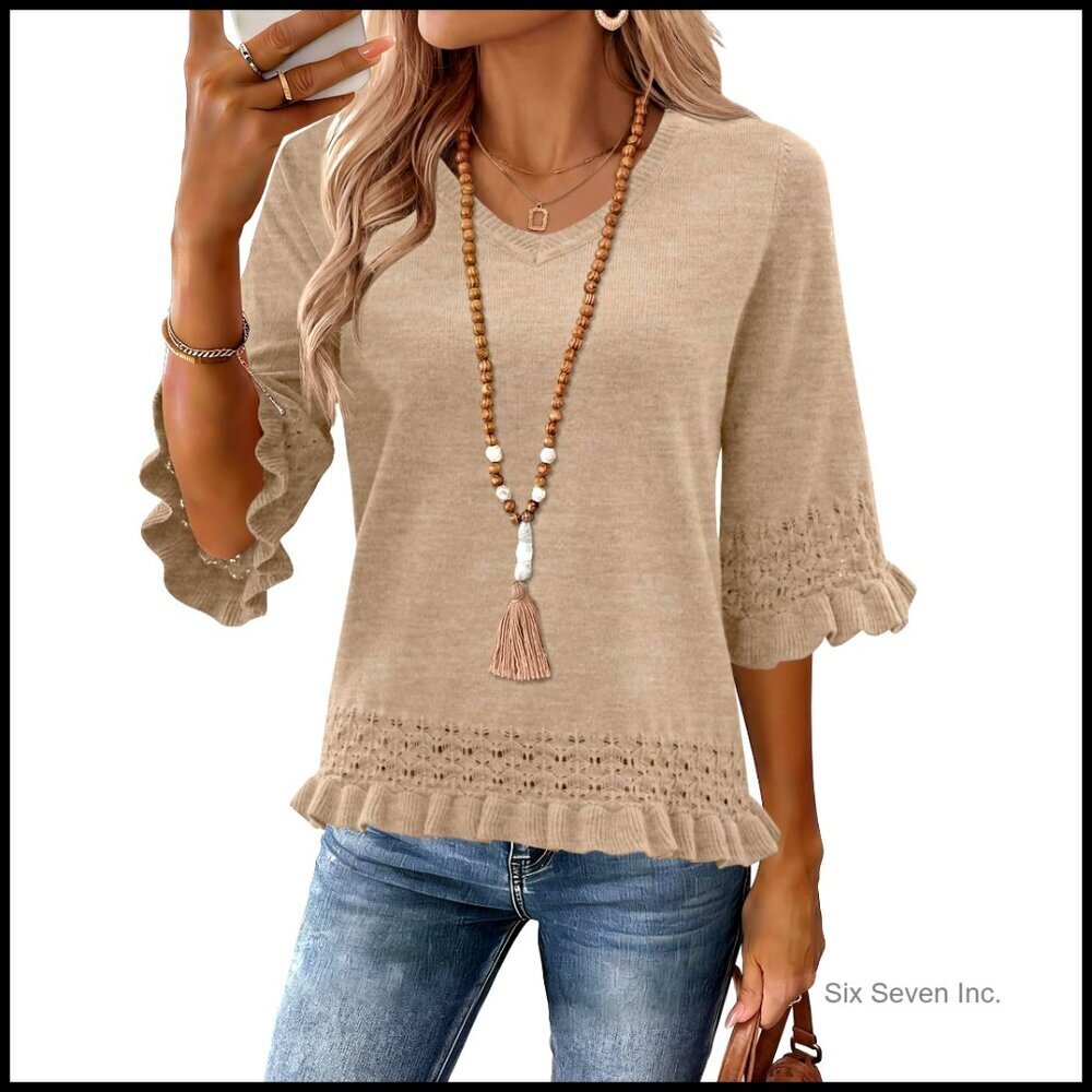V-Neck Peplum Pullover Sweater 3/4 Sleeve Cropped Knit Boho Chic Business Casual